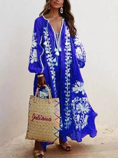 Boho Elegant Print MooMoo Dress For Women | Loose Luxury MooMoo V Neck |  Lace Up Big Hem MooMoo Dresses 2025|  Fashion New Lady MooMoo Robe